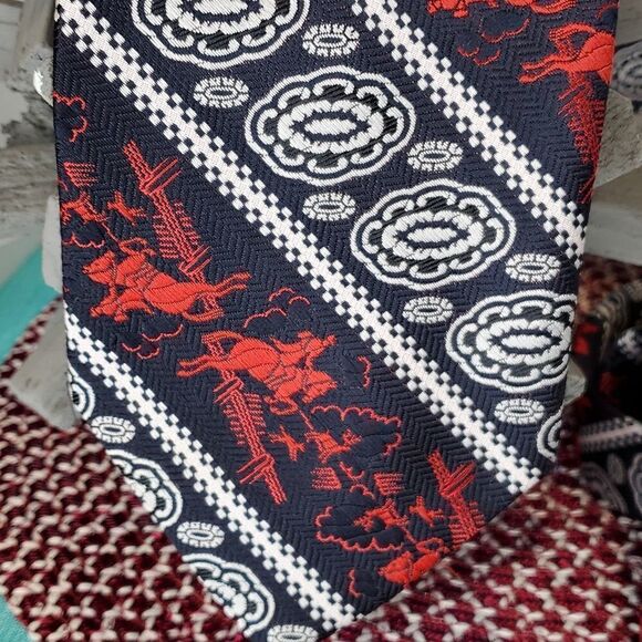 Vintage R/W/B Equestrian Horses & Flowers Wide Statement Tie, So Fabulous! - Picture 2 of 6